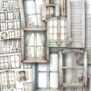 May include: A collage of watercolor-style images featuring various window designs. The windows are in shades of blue, green, and white, with floral accents and aged, distressed frames. Some windows have curtains or shutters, creating a vintage aesthetic.