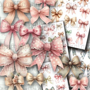 May include: A collection of watercolor bows in various shades of pink, peach, and cream. Some bows feature polka dots, lace, and floral accents. The bows are arranged on a white background, creating a soft and feminine aesthetic.