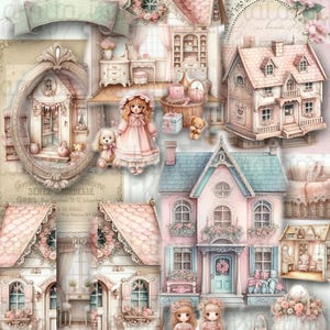 May include: A collage of watercolor illustrations featuring dollhouses, dolls, and teddy bears in soft pastel colors. The houses have pink roofs, blue accents, and floral decorations. A banner and text are visible.