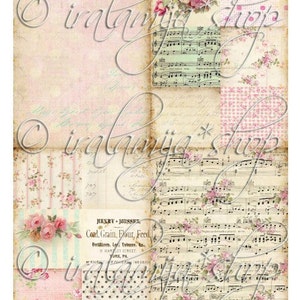 May include: A digital collage featuring a variety of vintage-style patterns and images, including musical notes, floral designs, and text. The collage is in shades of pink, white, and black.