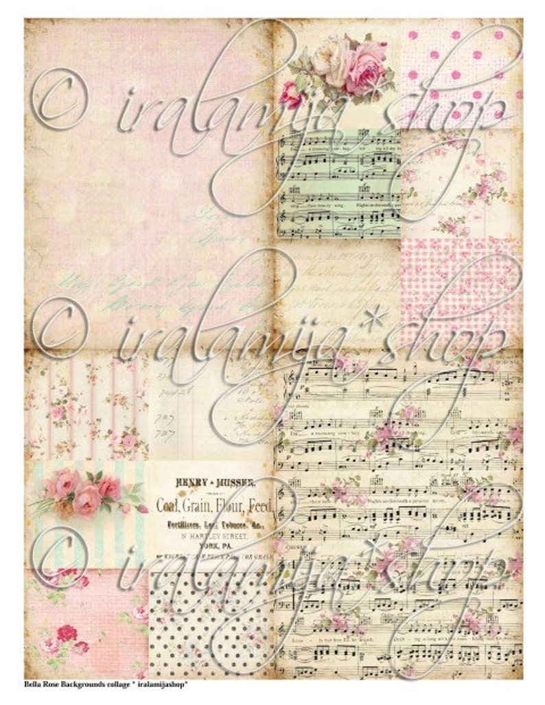 May include: A digital collage featuring a variety of vintage-style patterns and images, including musical notes, floral designs, and text. The collage is in shades of pink, white, and black.