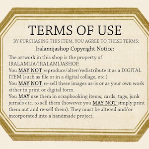 May include: A beige and brown octagonal sign with the text "TERMS OF USE" at the top. The text details copyright information and usage rights for artwork purchased from Iralamijashop, including what is and isn't allowed.