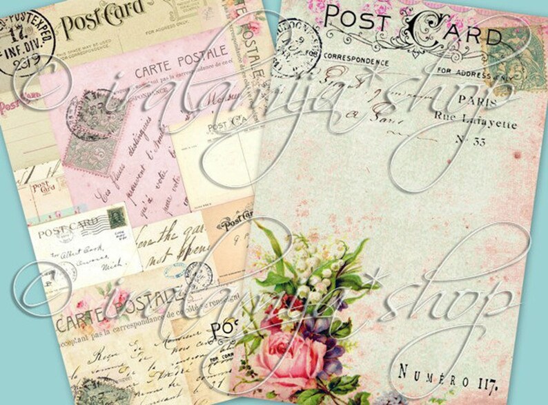 May include: A vintage postcard with a floral design and the text "POST CARD" in a decorative font. The postcard is pink and white with a floral pattern and a faded background. The text "FOR CORRESPONDENCE" and "FOR ADDRESS" are also visible on the postcard.
