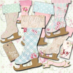 ICE SKATES collage Digital Images -printable download file- Digital Collage Sheet Vintage Paper Scrapbook Jewelry Holders