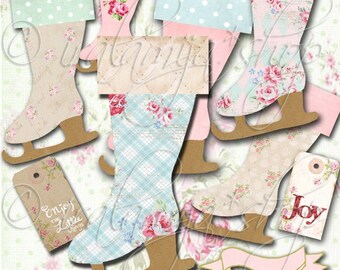 May include: A set of six vintage-style ice skate ornaments with floral patterns in shades of pink, blue, and green. The ornaments are made of paper and have a rustic brown finish. The set includes two tags with the words "Enjoy the little things" and "Joy".