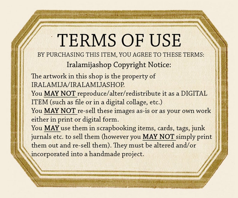 Puede incluir: Una imagen digital con un borde octogonal dorado y el texto "TERMS OF USE" en negro. El texto de abajo explica el aviso de copyright y los t&eacute;rminos de uso para las obras de arte de la tienda.