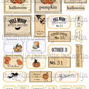 May include: A set of vintage-style Halloween labels featuring pumpkins, cats, bats, and spooky text. The labels are printed on a cream-colored background with brown and black accents. The text on the labels includes "halloween", "pumpkin", "full moon poison", "witch's brew", "jack o'lantern", "october 31", "trick or treat", "boo", "black cat", "spooky", and "halloween greetings".