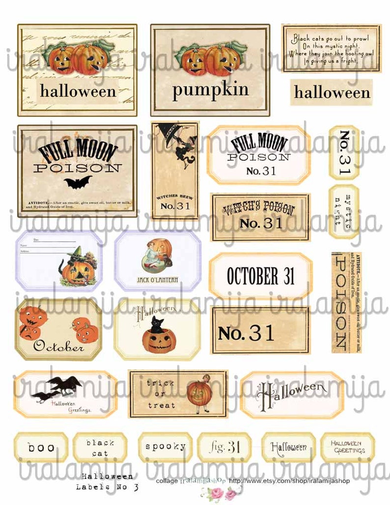 May include: A set of vintage-style Halloween labels featuring pumpkins, cats, bats, and spooky text. The labels are printed on a cream-colored background with brown and black accents. The text on the labels includes "halloween", "pumpkin", "full moon poison", "witch's brew", "jack o'lantern", "october 31", "trick or treat", "boo", "black cat", "spooky", and "halloween greetings".