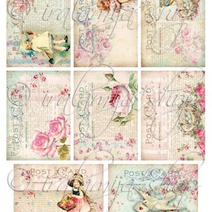 May include: Nine vintage-style postcard images with a rustic theme. The images feature a variety of subjects, including flowers, birds, and children. The postcards are printed on a textured paper with a faded look.
