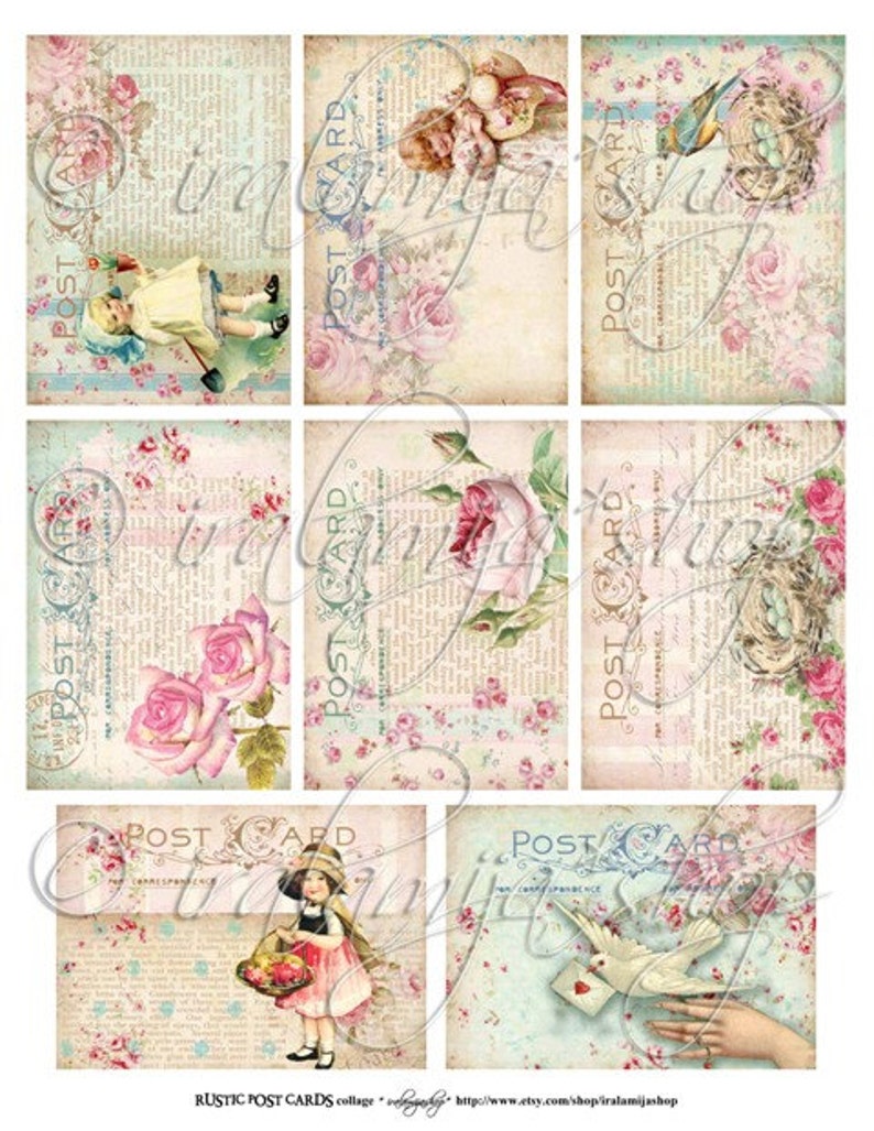 May include: Nine vintage-style postcard images with a rustic theme. The images feature a variety of subjects, including flowers, birds, and children. The postcards are printed on a textured paper with a faded look.