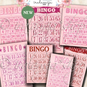 CARTAS DE BINGO / Cartones de bingo rosados y rojos / Cartones de bingo vintage / Imágenes / Cartones de bingo imprimibles estilo vintage / Cartones de bingo / Cartones de bingo rosados