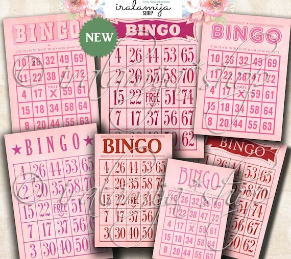 BINGO CARDS / Pink and Red Bingo Cards / Vintage Bingo Cards / Images / Vintage Style printable Bingo cards / Bingo Card / Pink Bingo Cards