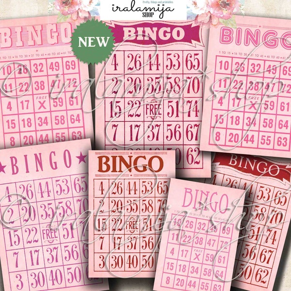 BINGO CARDS / Pink and Red Bingo Cards / Vintage Bingo Cards / Images / Vintage Style printable Bingo cards / Bingo Card / Pink Bingo Cards