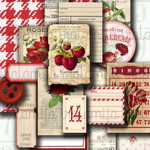 Junk Journal, VINTAGE RED Kit / Journal, Seiten, Floral, Vintage, Schäbig, Rückseite, rote Ephemera, Rosen, bedruckbar, digitaler Download, rote Tags