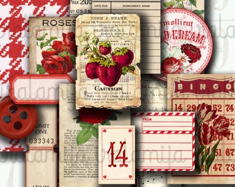 Junk Journal, VINTAGE RED Kit / Journal, Pages, Floral, Vintage, Shabby, Backing, Red Ephemera, Roses, Printable, Digital Download, Red Tags