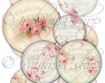 Könnte beinhalten: Ein Satz von 8 runden Etiketten im Vintage-Stil mit rosa Rosen und grünen Blättern. Die Etiketten haben einen weißen Hintergrund mit goldener Umrandung und Text, der "Emollient Cold Cream" und "Zur Hautglättung und Vorbeugung von Rissen" lautet.