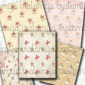 May include: Four digital paper designs featuring a repeating pattern of gingerbread men. The designs include a light yellow background with red bows, a light pink background with blue and white gingerbread men, a beige background with red and white candy canes, and a beige background with gingerbread women wearing red and white dresses.