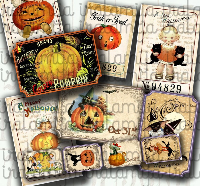 May include: A collection of vintage Halloween images, including pumpkins, black cats, and children. Text includes "Trick or Treat," "Halloween Greetings," and "Oct 31st." The colour scheme features orange, black, and cream tones, evoking a nostalgic feel.