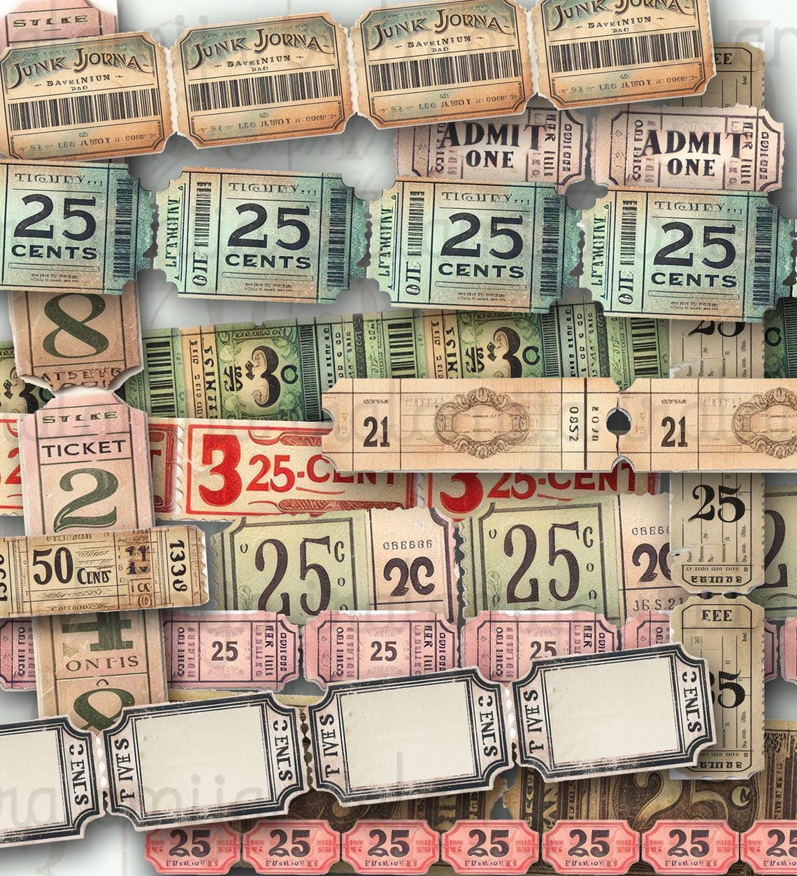 TICKET STRIPS Junk Journal Ephemera Fussy Cut Digital Images Vintage ...