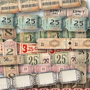 Könnte beinhalten: Eine Sammlung von Tickets und Gutscheinen im Vintage-Stil in verschiedenen Größen und Farben. Die Tickets enthalten Texte wie "Junk Jorna", "25 Cents" und "Admit One". Die Farbpalette umfasst Beige, Grün, Rot und Rosa.