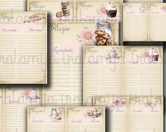 RECIPE BOOK Junk Journal, Vintage, Shabby, Floral, Romantic, Pink, Cake, Bakery, Recipe Cards, Ephemera, Planner, Sticker, Iralamijashop