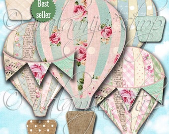 HOT AIR BALLOON Collage Digital Images -printable download file Scrapbook Printable Sheet