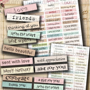 Sentiments imprimables Téléchargement numérique Kit de mots pour le journal indésirable Messages salutations énonciations mots, Iralamijashop, étiquettes vintage en papier numérique