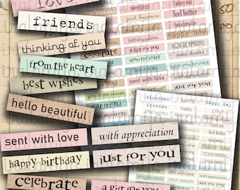 Printable Sentiments, Digital download - Junk Journal - Kit, Messages, Greetings, Sayings, Words, Iralamijashop, Paper, Vintage, Tags, Cards