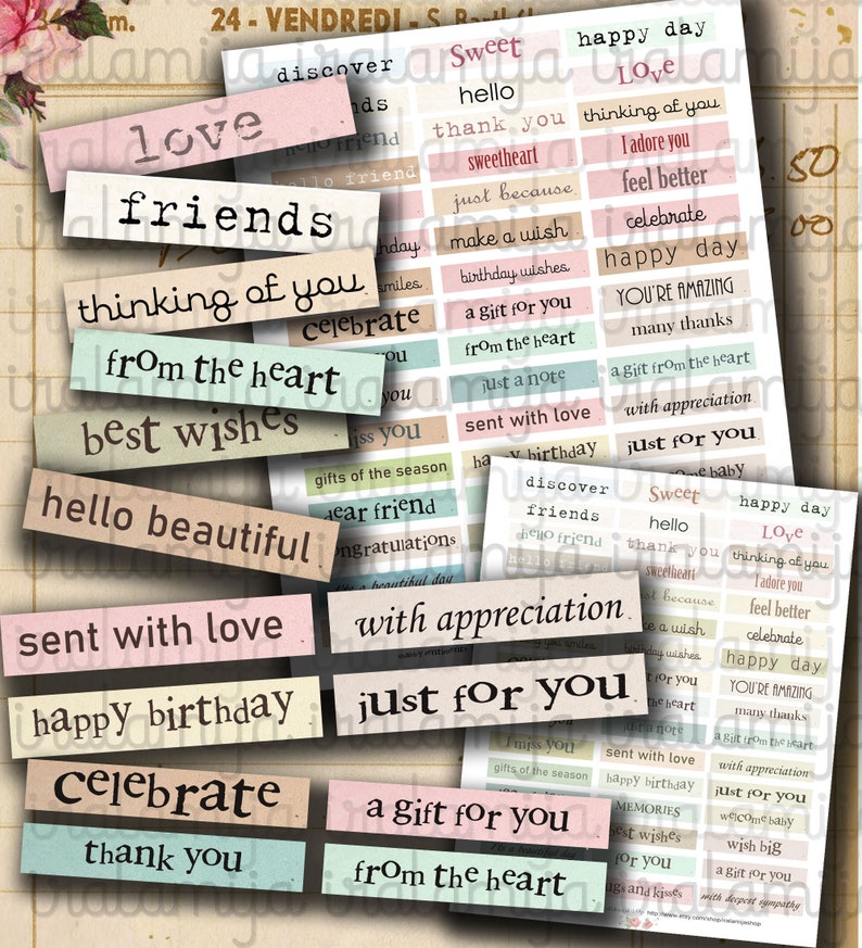 Printable Sentiments, Digital download Junk Journal Kit, Messages, Greetings, Sayings, Words, Iralamijashop, Paper, Vintage, Tags, Cards image 1