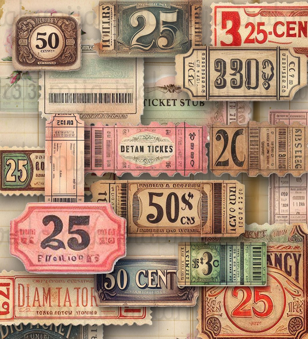 TICKETS Junk Journal Ephemera Fussy Cut Digital Images Vintage Style ...
