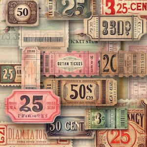 Puede incluir: Un collage de boletos y etiquetas de estilo vintage en varias formas y tamaños. La paleta de colores incluye tonos de rosa, verde, azul y marrón. Los boletos muestran números y texto, incluyendo "25", "50" y "DETAN TICKES".