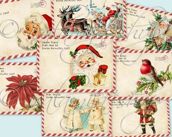 May include: A collection of vintage Christmas-themed postcards. The postcards feature illustrations of Santa Claus, reindeer, children, and a robin. Each postcard has a red and white striped border and the address "Santa Claus, P.O. Box II, North Pole, USA 1225."