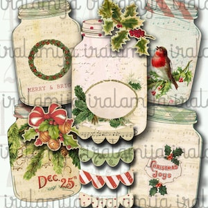 クリスマス瓶のコラージュデジタル画像 - 印刷可能なダウンロードファイルスクラップブック印刷可能なシート