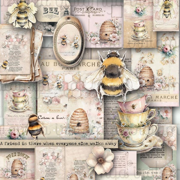 SWEET HIVE STORIES Junk Journal Beehive Shabby Floral Romantic Ephemera Bee Cut Outs Vintage Digital Download Bees Printable Iralamijashop