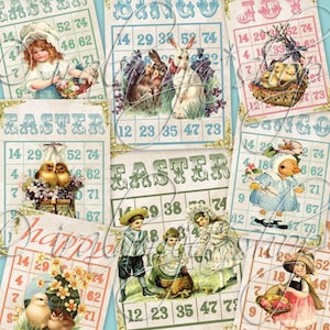 K&ouml;nnte beinhalten: Ein Satz von acht Bingo-Karten im Vintage-Stil mit Ostern-Motiven. Die Karten zeigen Bilder von Hasen, K&uuml;ken und anderen Ostern-Symbolen. Die Karten sind auf strukturiertem Papier mit einem Used-Look gedruckt. Die Karten sind perfekt f&uuml;r eine Osterparty oder f&uuml;r eine lustige Familienaktivit&auml;t.