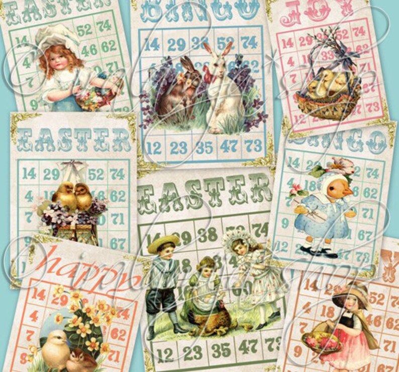 K&ouml;nnte beinhalten: Ein Satz von acht Bingo-Karten im Vintage-Stil mit Ostern-Motiven. Die Karten zeigen Bilder von Hasen, K&uuml;ken und anderen Ostern-Symbolen. Die Karten sind auf strukturiertem Papier mit einem Used-Look gedruckt. Die Karten sind perfekt f&uuml;r eine Osterparty oder f&uuml;r eine lustige Familienaktivit&auml;t.