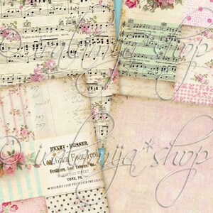 May include: A collage of vintage paper scraps with a pink and white floral pattern, musical notes, and text that reads "HENRY MUSSER. Coal, Grain Flour Feed. Fertilizers.  Wm. Martley Street. York, PA. Highest Cash Prices Paid for Grain."