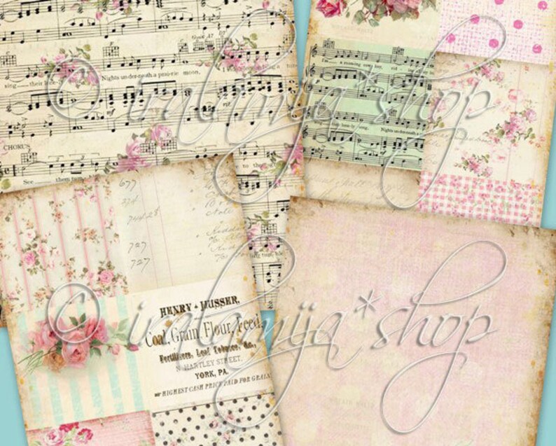 May include: A collage of vintage paper scraps with a pink and white floral pattern, musical notes, and text that reads "HENRY MUSSER. Coal, Grain Flour Feed. Fertilizers.  Wm. Martley Street. York, PA. Highest Cash Prices Paid for Grain."