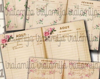 May include: Vintage ledger pages with floral accents. The pages feature handwritten entries and are adorned with pink roses. The aged paper has a beige tone, creating a nostalgic aesthetic. The ledger pages are arranged in a layered composition.