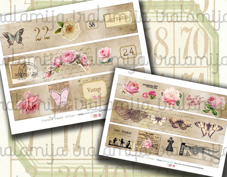 May include: Vintage paper strips with floral designs, butterflies, and text. The strips include the words "Antiques", "Vintage", "Seed & Bulb", "Fibre Chamois", and "22", "58", "24".
