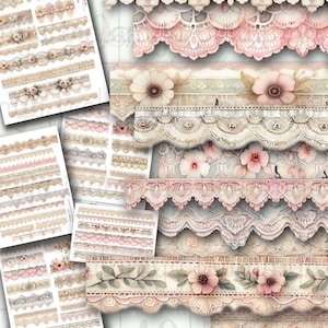 Puede incluir: Una colección de diseños de encaje vintage en colores pastel. La imagen presenta varios adornos de encaje con patrones florales y ornamentales, incluyendo tonos rosas y beige suaves. Algunos diseños incluyen pequeñas flores.