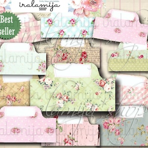 SHABBY TABS、プランナー、印刷可能、デジタルダウンロード、花柄、シャビー、エフェメラ、BuJo、フリップブック、ファイルフォルダー、ヴィンテージ、バラ、Iralamijashop
