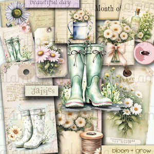 May include: A digital collage of images featuring daisies, rain boots, gardening tools, and vintage-style paper ephemera. The text "beautiful day", "Month of", "daisies", "PLANT SEED", and "bloom + grow" is included in the collage.