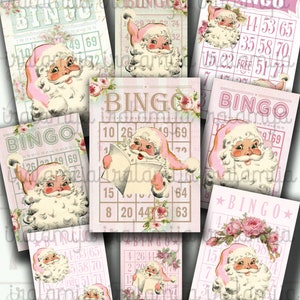 ROZE KERSTBINGOKAARTEN, Afdrukbaar, Digitale download, Kerstman, Vintage, Dagelijks december, Cadeau, Rood, Tags, Versiering, Iralamijashop