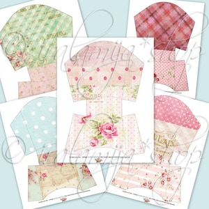 Könnte beinhalten: Druckbares digitales Papier zum Erstellen von Geschenkboxen. Die Designs zeigen eine Vielzahl von Blumenmustern, Punkten und Karos in Rosa, Grün und Weiß.