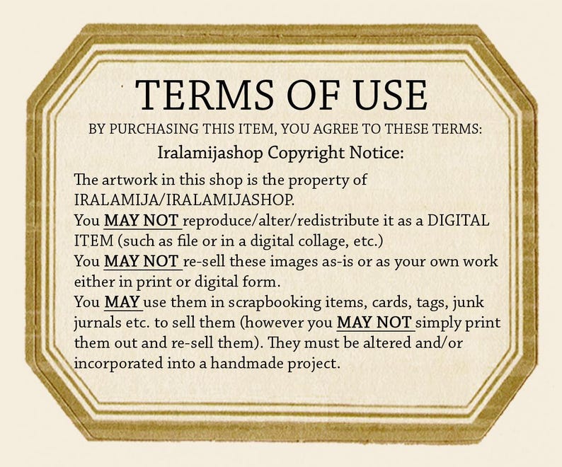 May include: A digital image of a document with the title "Terms of Use" and a copyright notice for Iralamijashop. The document outlines the terms of use for purchasing digital artwork from the shop, including restrictions on reproduction, alteration, and redistribution.
