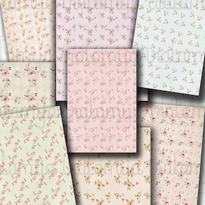 Puede incluir: Un conjunto de ocho patrones de papel digital con un diseño floral vintage con rosas rosas, melocotón y amarillas sobre un fondo claro.