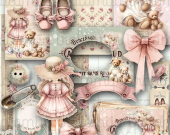 VINTAGE CHARM No. 2 Junk Journal Kit Vintage Bear Ephemera Fussy Cut Floral Shabby Printable Cut Outs  Digital Download Iralamijashop Tags