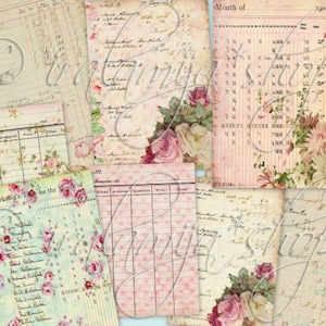 May include: A collection of vintage-style paper ephemera with floral designs. The papers feature handwritten text, numbers, and grids. The papers are perfect for scrapbooking, card making, and other crafting projects.