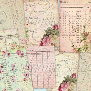 LEDGER PAPER Cards, Collage Digital Images -printable download file- Ledger paper, Vintage Paper, Roses, paper, Cards, Ledger, Junk Journal